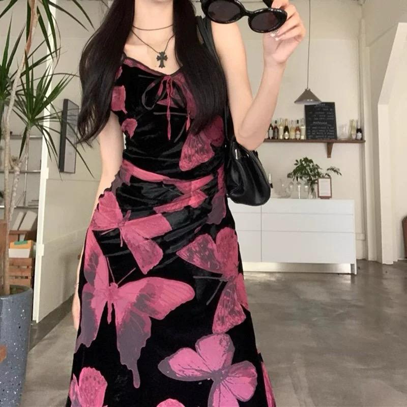 French Temperament Black Butterfly Print Dress