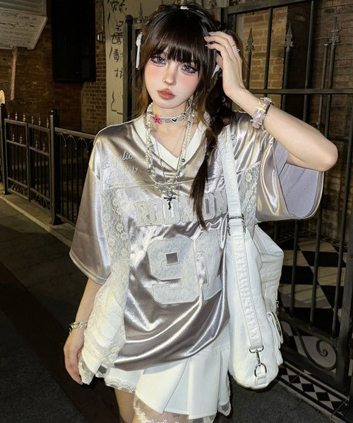 Uni Pandaa Metallic Silver Oversized Jersey T-Shirt