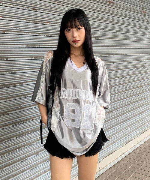 Uni Pandaa Metallic Silver Oversized Jersey T-Shirt