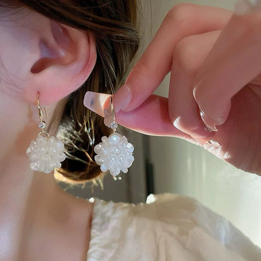 White Flower Ball Earring
