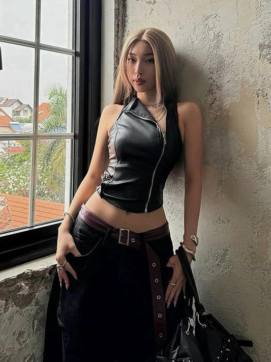 Zipper PU Leather Vest