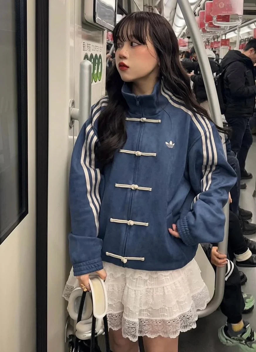Uni Pandaa Vintage Blue Chinese Collar Track Jacket