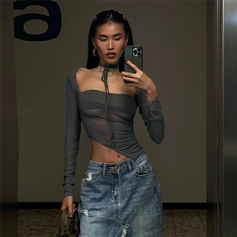 Mesh Splicing Slim Square Collar Top