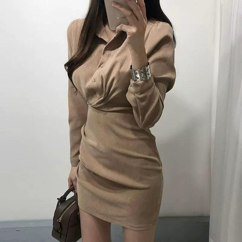 Long-Sleeved Shirt-Style Hip Dress
