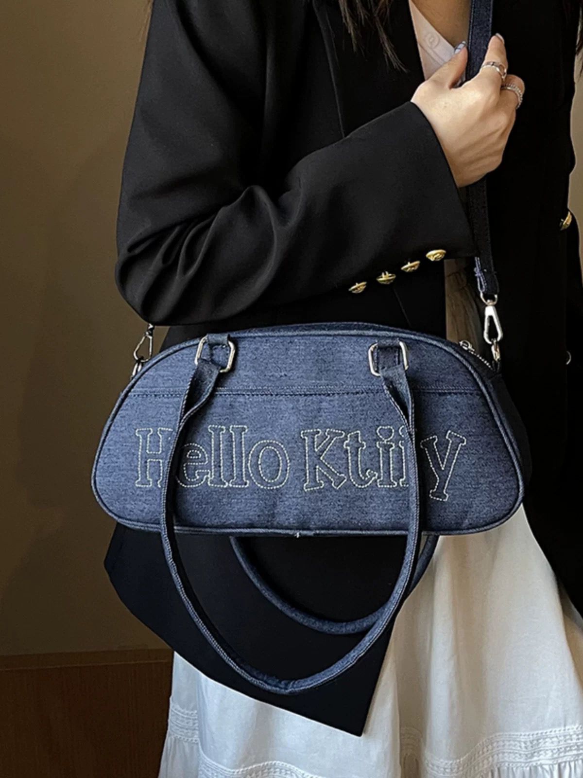 KT Cat Denim Bowling Handbag