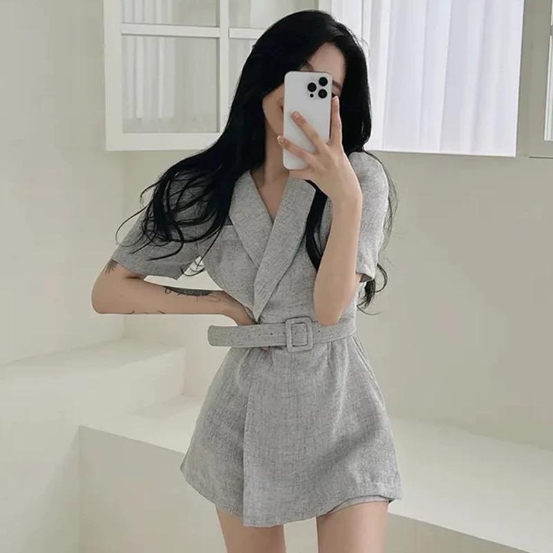 French Retro Lapel Tie Waist Suit Dress