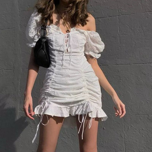 Strappy Jacquard Short-Sleeved Dress