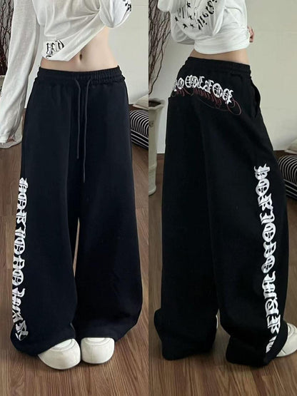 Uni Pandaa Shadow Script Oversized Black Wide Leg Sweatpants