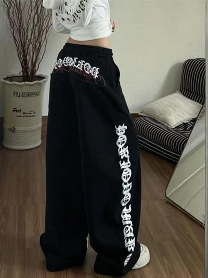 Uni Pandaa Shadow Script Oversized Black Wide Leg Sweatpants
