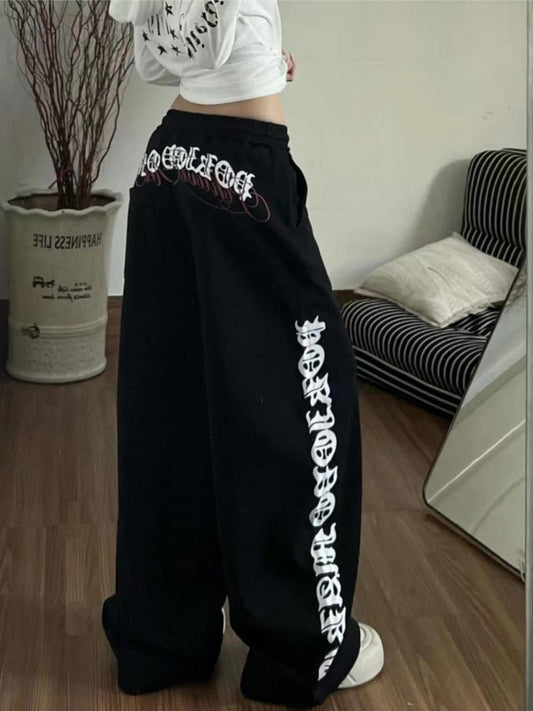 Uni Pandaa Shadow Script Oversized Black Wide Leg Sweatpants