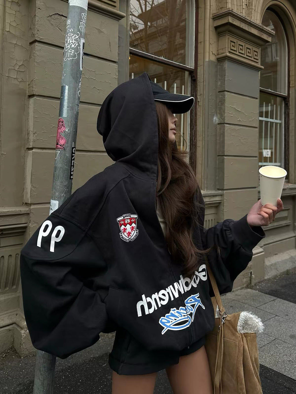W-E Oversized Statement Graphic Zip-Up Hoodie