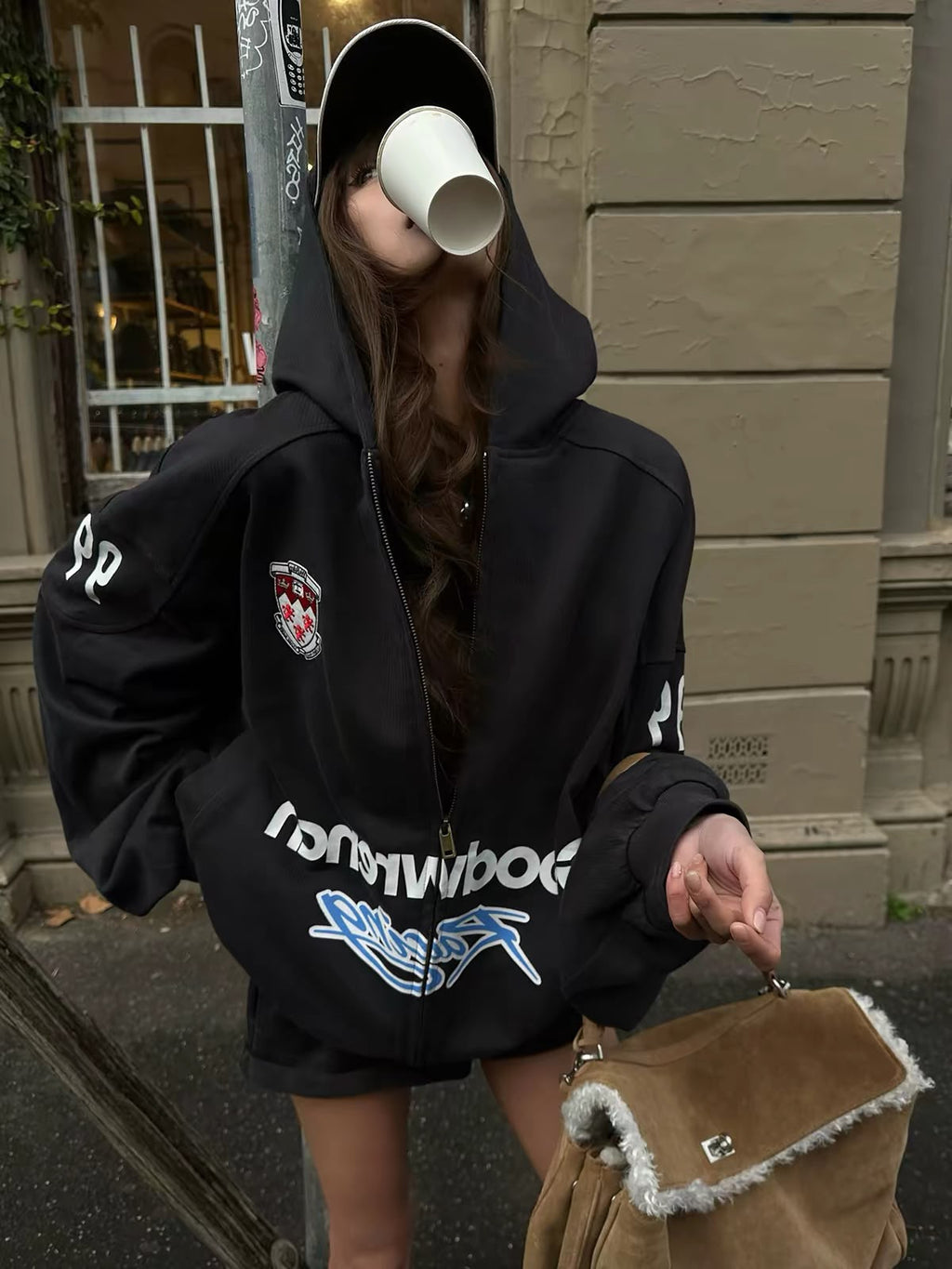 W-E Oversized Statement Graphic Zip-Up Hoodie