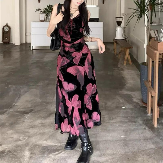 French Temperament Black Butterfly Print Dress