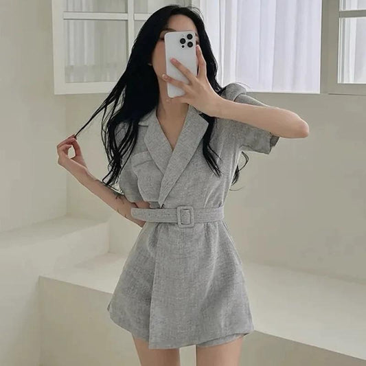 French Retro Lapel Tie Waist Suit Dress