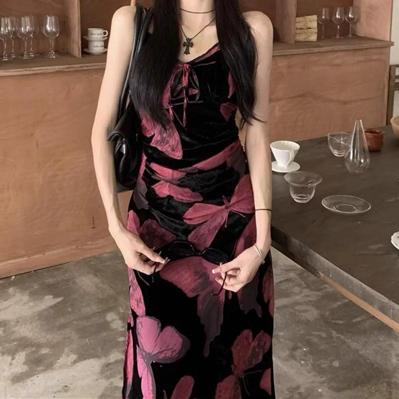 French Temperament Black Butterfly Print Dress