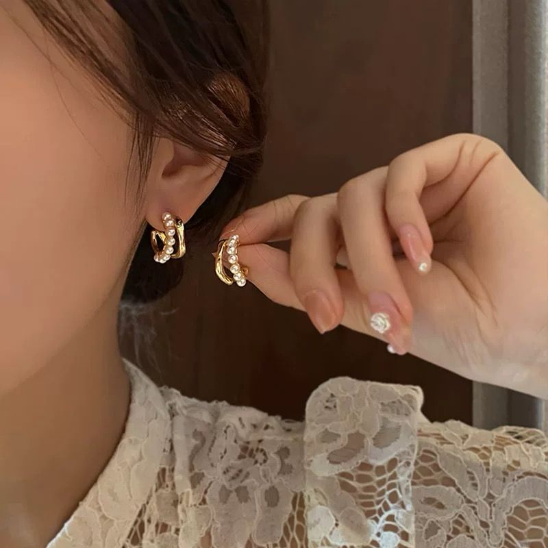 Gold Double-Layer Pearl Micro-Inlaid Earrings