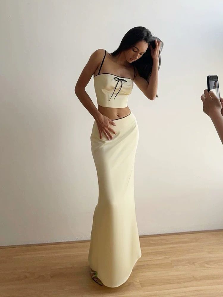 One-Shoulder Camisole High Waist Slim Flared Skirt
