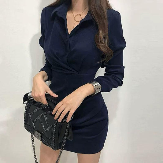 Long-Sleeved Shirt-Style Hip Dress