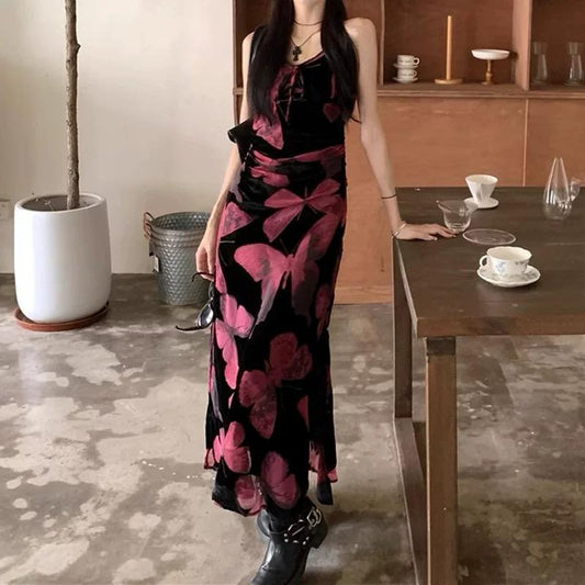 French Temperament Black Butterfly Print Dress